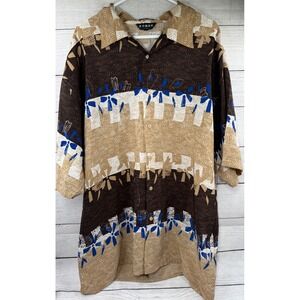 Koman Sport Mens 2X Abstract Print Button Up Shirt Brown Beige Blue Short Sleeve